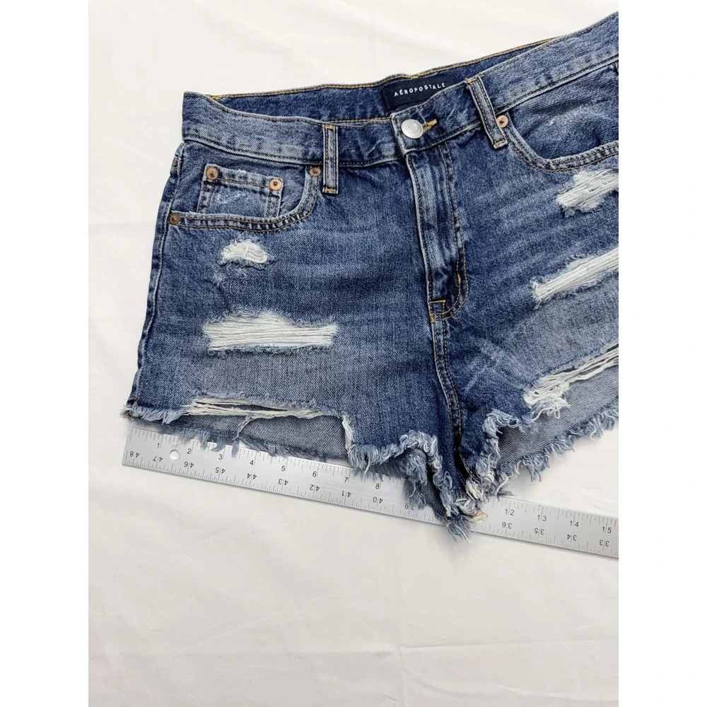 Aeropostale‎ High Rise Shorty Shorts Womens 6 Blue Distressed Cutoff Raw Hem